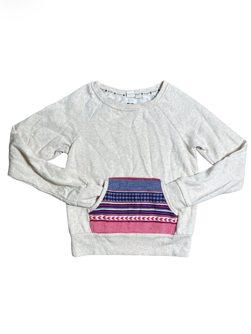 Roxy Oatmeal Cream Sweatshirt Small Colorful Striped Knit Front Pocket Panel